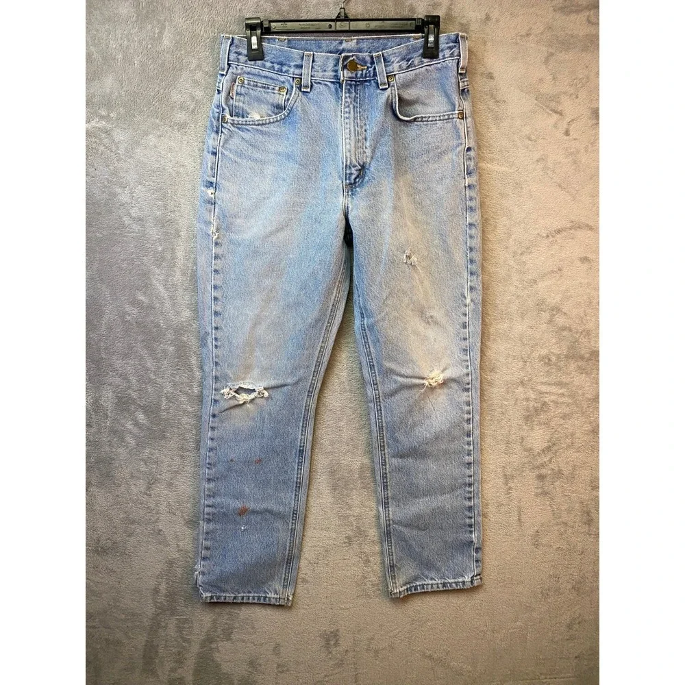 Carhartt Mens Distressed Light Wash Denim Work Jeans Straight Leg 29x27 Vintage
